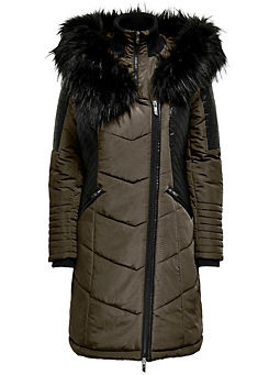 Faux Fur Trim Quilted Coat by Only