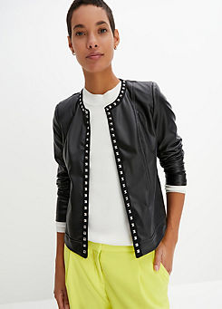 Faux Leather Collarless Jacket