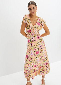 Flounced Floral Print Midi Dress