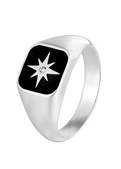 For You Collection Gent’s Sterling Silver Black Enamel Square Signet CZ Ring