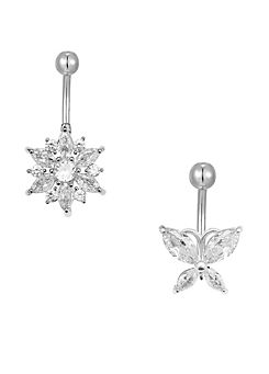 For You Collection Set of 2 Butterfly and Flower Cubic Zirconia Belly Button Bars