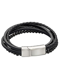 Fred Bennett Multi Row Recycled Black Leather Bracelet with Lava Beads