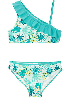 Girls Floral Print Ruffle Trim Bikini Set with Flounce