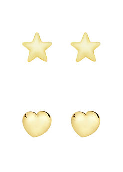 Gorgeous Gold Kids 9ct Yellow Gold Set of Two Heart & Star Stud Earrings