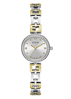 Guess Ladies Polished Silver Case with Crystals - Sunray Silver Dial with Logo Bracelet Watch