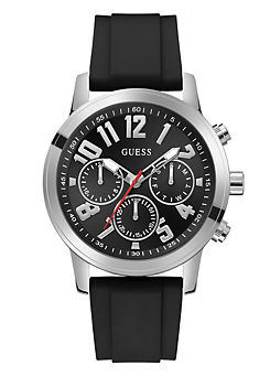 Guess Men’s Silver Case - Sunray Black Multi Functional Dial with Black Silicone Strap