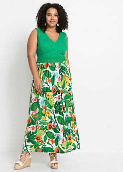 Lace Bodice Tropical Print Maxi Dress