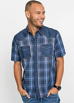 Men’s Checked Short Sleeve Shirt with Denim Patch