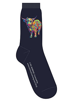 PD Moreno Officially Licensed Highland Cow Luxury Cotton-Rich Navy Men’s Socks