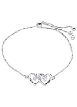 Personalised Sterling Silver Double Heart Bracelet set with Cubic Zirconia with Adjustable Toggle Bracelet
