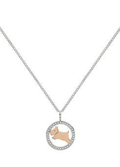 Radley London Ladies Iconic Silver & 18ct Rose Gold Plated Stone Set Jumping Dog Ring Necklace