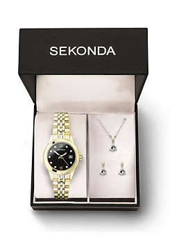 Sekonda Exclusive Ladies Gold Stainless Steel Bracelet Analogue 26mm Watch, Earrings & Pendant Gift Set