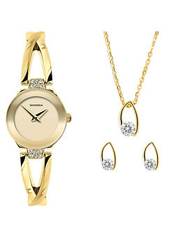 Sekonda Ladies 3 Piece Dress Gift Set with Champagne Dial Watch, Gold Pendant & Matching Earrings