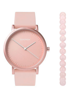 Sekonda Ladies Pink Palette 2 Piece Gift Set with Light Pink Dial Watch & Rose Quartz Beaded Bracelet