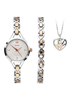 Sekonda Ladies Two Tone Rose Gold Alloy Bracelet Analogue 25mm Watch, Bracelet And Pendant Gift Set