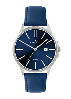 Spirit Gents Classic Polished Silver Leather Watch in Navy