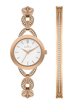 Spirit Ladies Polished Pale Rose Gold Link Bracelet Watch & Bangle Set