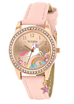 Tikkers Pink Strap Rose Gold Stone Set Unicorn Watch