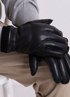 Totes Isotoner Mens Premium Black Leather SmarTouch™ Gloves with Rib Knit Cuff