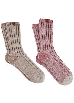 Totes Ladies Chunky Twist Wool Boot Socks Oat/Pink 2 Pack
