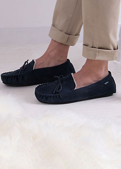 Totes Mens Suedette Navy Moccasin Slippers with Faux Fur Lining