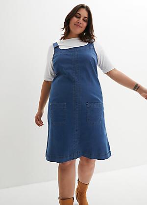 plus size denim pinafore dress Plus Size - Denim Button Pinafore Midi Dress
