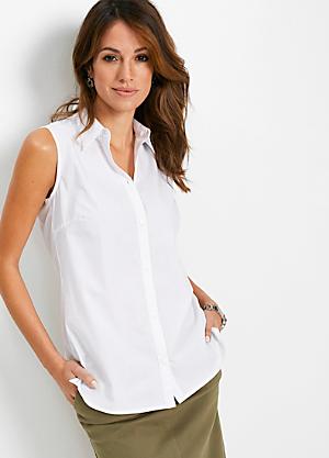 white sleeveless no iron blouse