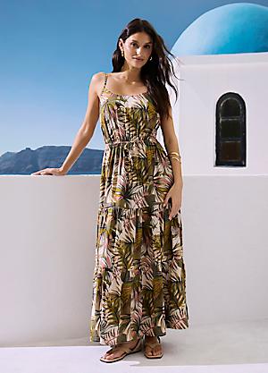 tropical beach dresses Tropical Floral Print Tiered V-Neck Short Sleeve A-Line Maxi Sundress main image 1