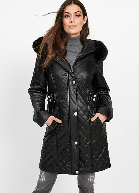 diamond quilted jacket with faux leather trim