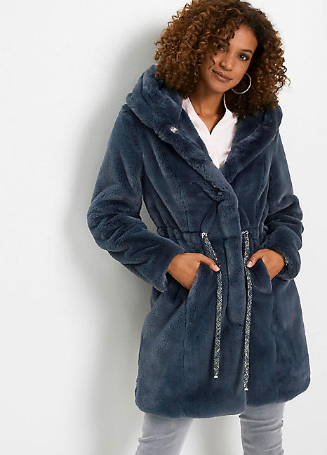 navy faux fur hooded coat