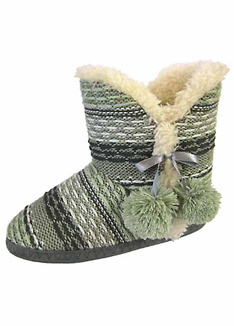 Ladies Green Knitted Pom Pom Slipper Boots bonprix