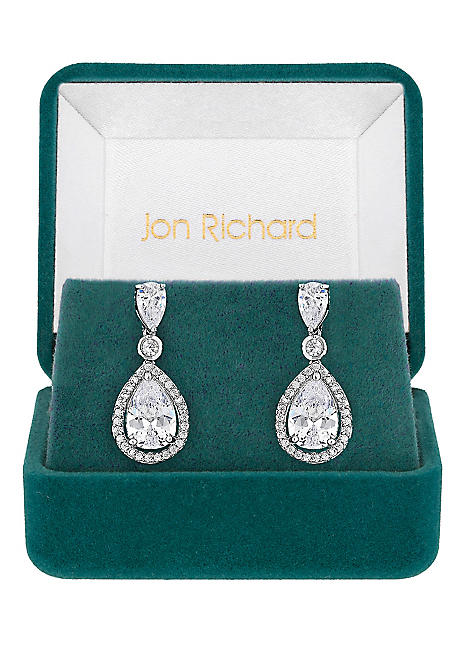Silver Cubic Zirconia Peardrop Drop Earrings in a Gift Box by Jon