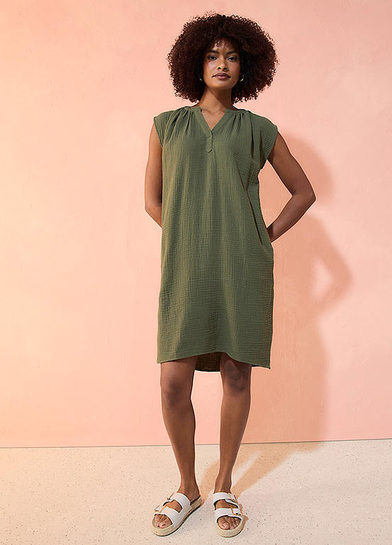 Cotton Muslin V-Neck Dress by bonprix