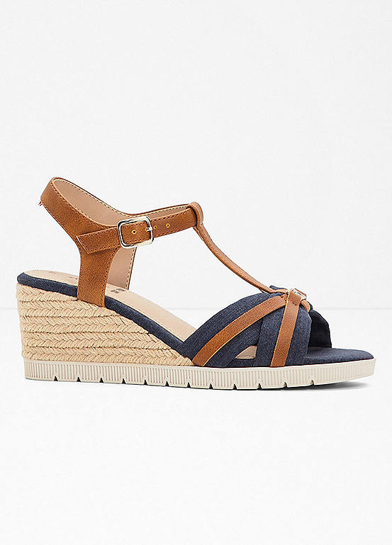 Denim Cutout Wedge Sandals For Women With Cushioned Insole Openwork Denim Upper 3.74 Inch Heel