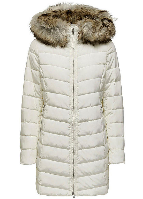Hooded Faux Fur Trim Quilted Coat by Only