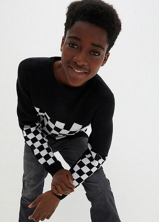 Kids Crew Neck Knitted Checked Jumper