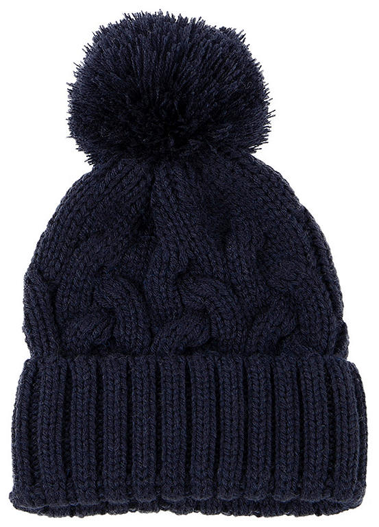 Totes Ladies Navy Cable Knit Beanie Hat with Pom Pom