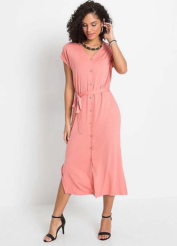 belted button front dress