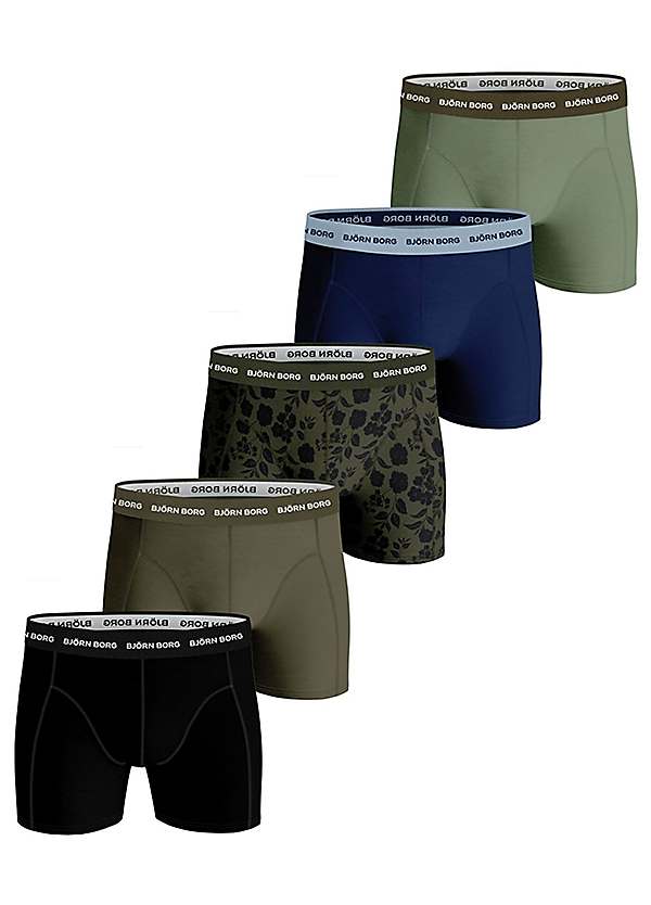Bjorn Borg 5 Pack of Essential Boxer Shorts - Black, Blue & Khaki