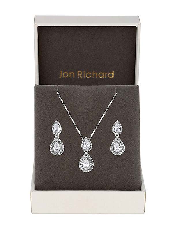 Jon Richard Silver Plated Double Pear Drop Cubic Zirconia Set Gift Boxed