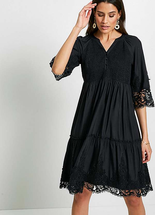 ivory lace bell sleeve trapeze dress