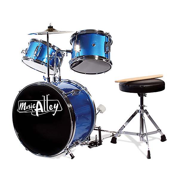Music Alley Junior Drum Kit for Kids with Kick Drum Pedal Drum Stool Drum Sticks Blue
