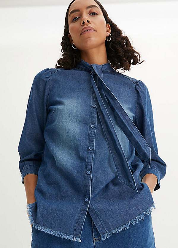 Denim blouse with bow hot sale tie