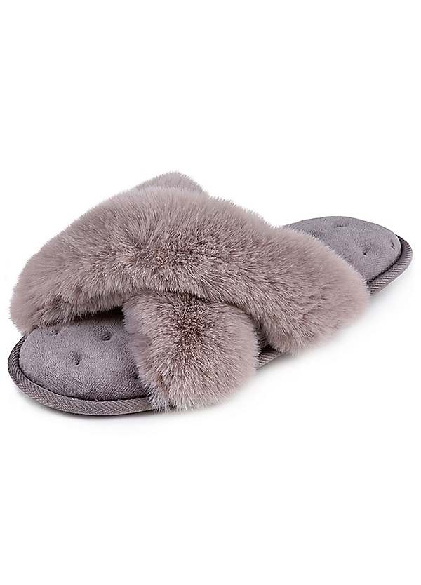 Totes Ladies Fluffy Cross Front Grey Slippers |