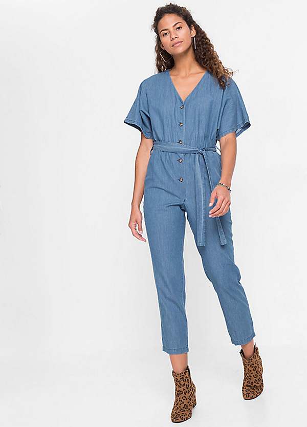 v neck denim jumpsuit