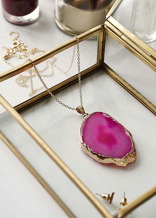 Xander Kostroma Gold Tone & Pink Agate Crystal Long Length